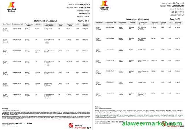 Pakistan Mobilink Microfinance Bank statement of account Word and PDF template, 2 pages